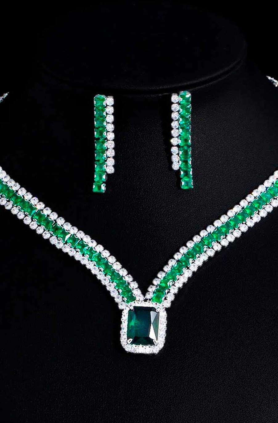 Accesorios Fetiche Suances | Pendientes Tira Doble Circonitas Y Piedras Verde Esmeralda