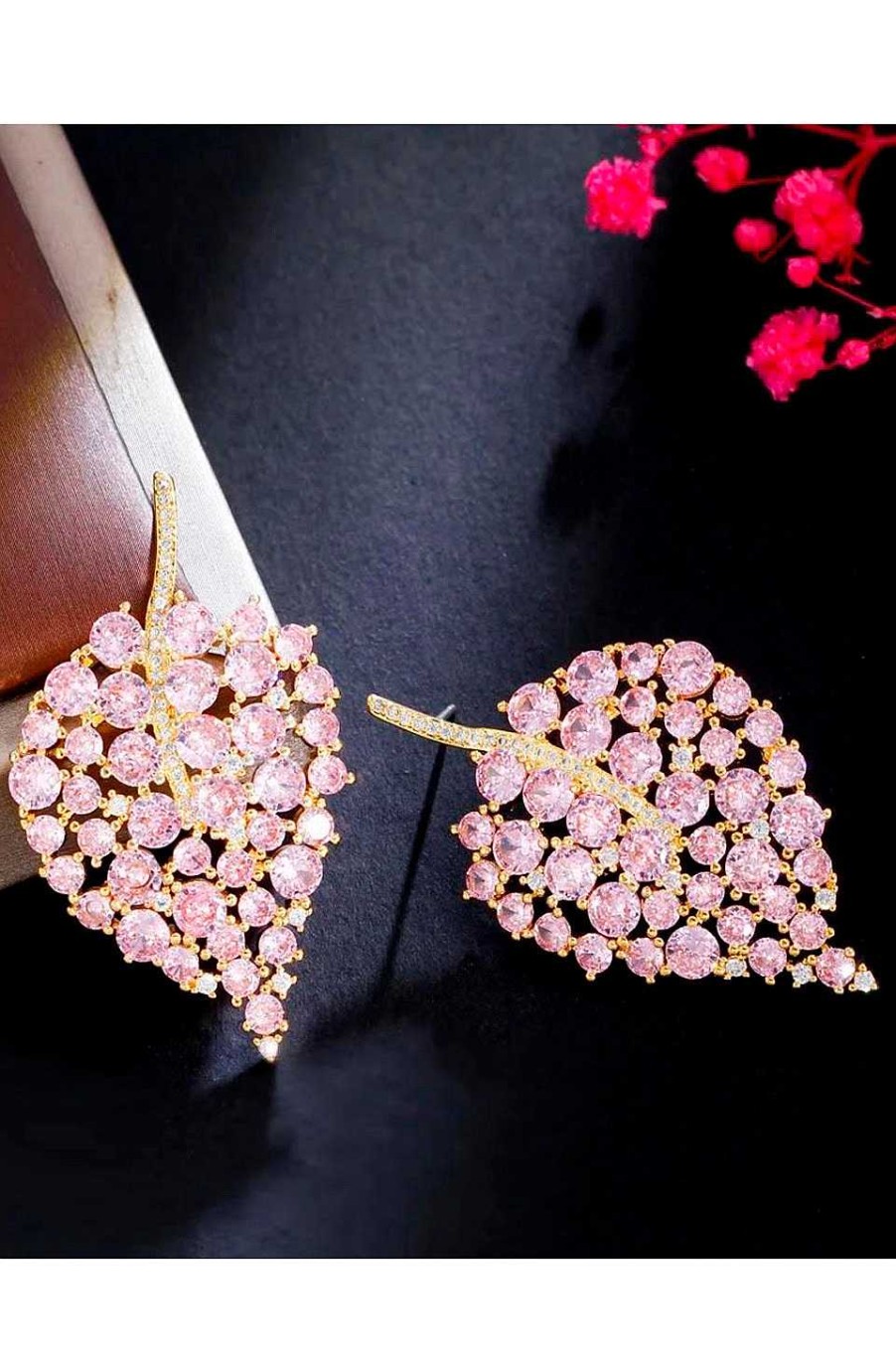 Accesorios Fetiche Suances | Pendientes Hojas Circonitas Rosas