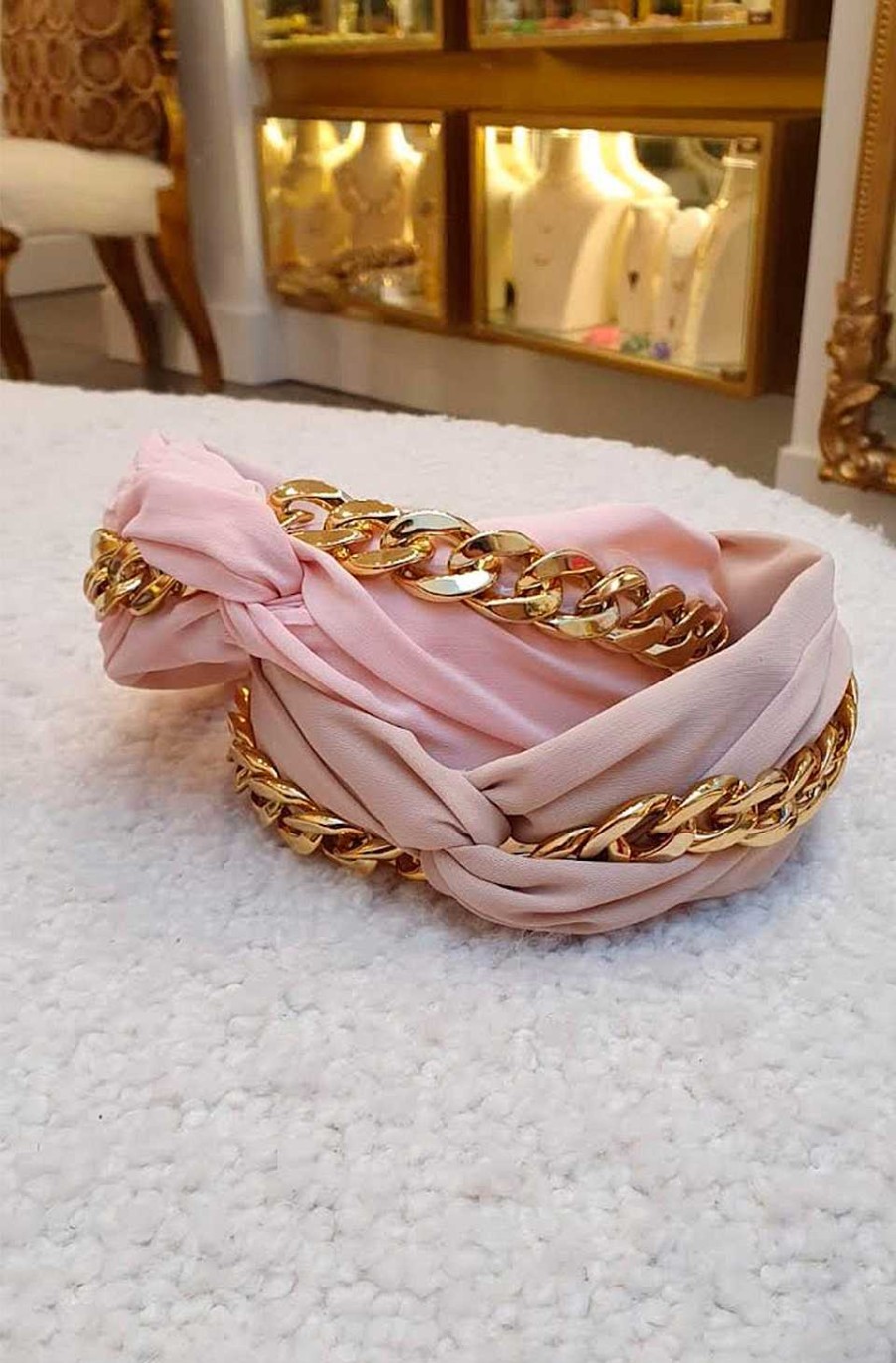 Accesorios Fetiche Suances | Diadema Turbante Rosa Pastel Con Cadena