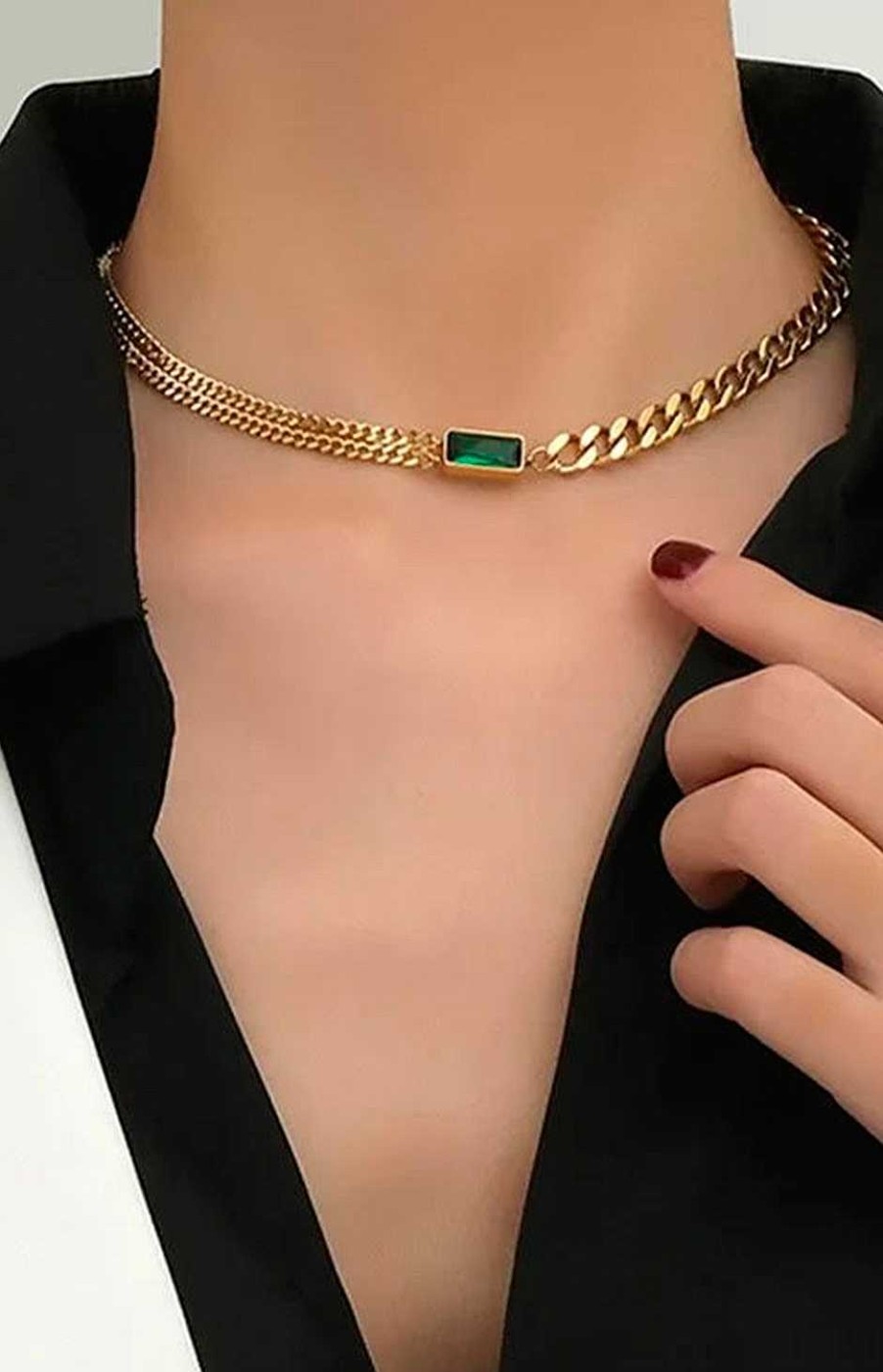 Accesorios Fetiche Suances | Collar Doble Cadenas Y Esmeralda